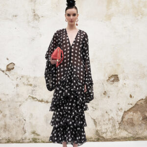 Vestido caftan gasa lunares volantes