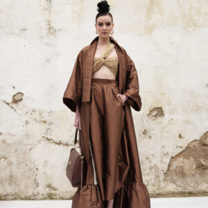 Conjunto caftan tafetán marrón y pantalón japo